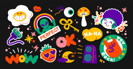 Cartoon retro groovy stickers, big set  funky doodle style of the 90s. Trendy patches, labels, characters, space, hippie objects. Vector set