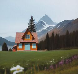 House in the mountains. Colorful illustration. Spring background, wallpaper. Landscape with mountains. Card, flyer design 