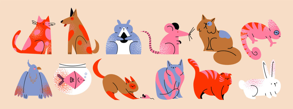 Cute pets cats and dogs in groovy style 90s. cartoon puppies characters in retro style. Animals veterinarian zoo stickers	