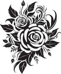 Noir Floristry Iconic Black Rose Bouquet Emblem in Vector Velvet Petals Black Icon Design for Vector Rose Bouquet
