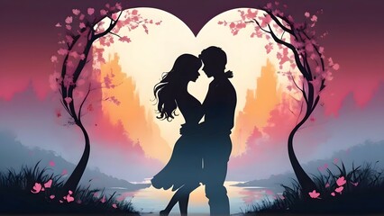 silhouette of a couple with heart frame forest landscape