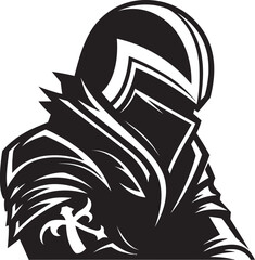 Crestfallen Sentinel Elegant Black Vector Sad Knight Soldier Logo Noir Lament Iconic Sad Knight Soldier Logo in Black Vector