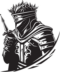 Tearful Templar Black Icon Design for Vector Sad Knight Soldier Somber Shieldbearer Iconic Sad Knight Soldier Logo in Black Vector