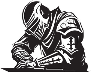 Crestfallen Sentinel Black Icon Design for Vector Sad Knight Soldier Noir Lament Elegant Black Vector Sad Knight Soldier Emblem