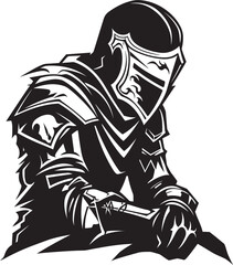 Brooding Guardian Elegant Vector Sad Knight Soldier Logo in Black Noir Mourner Iconic Sad Knight Soldier Logo in Black Vector