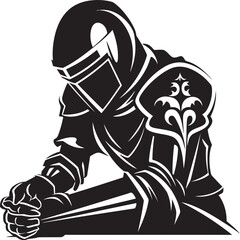 Noir Knightfall Iconic Sad Knight Soldier Logo in Black Vector Sorrowful Armor Elegant Vector Sad Knight Soldier Emblem in Black