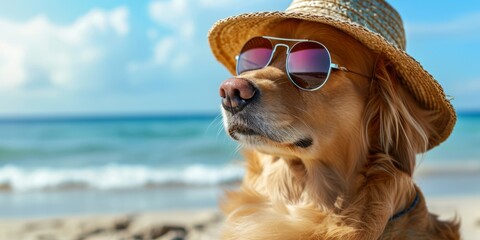 dog with sunglasses and straw hat on the beach Generative AI - obrazy, fototapety, plakaty