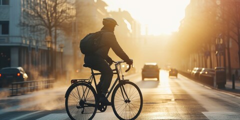 Naklejka premium cyclist rides through the city Generative AI