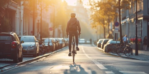 Fototapeta premium cyclist rides through the city Generative AI