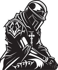 Somber Shieldbearer Iconic Sad Knight Soldier Logo in Black Vector Wistful Watchman Black Vector Icon Design for Sad Knight Soldier