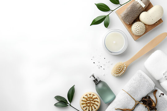 Bath accessories. Flat lay composition with personal care products on white background, space for text

