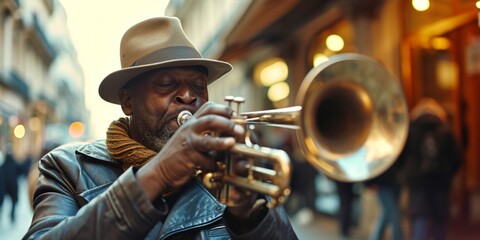 African American trumpeter plays on the street Generative AI - obrazy, fototapety, plakaty