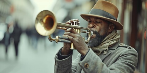 African American trumpeter plays on the street Generative AI