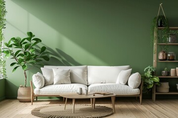 Wall mockup in modern living room design, minimal white sofa and wooden coffee table on green interior background, 3d render