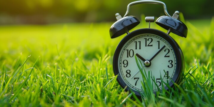 alarm clock on green grass close-up Generative AI