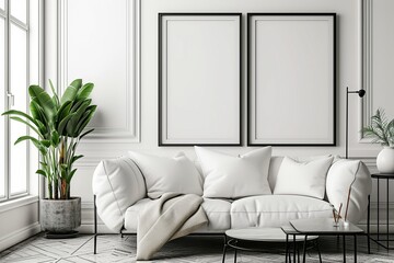 White living room mockup, contemporary interior design room, black frames on white wall, 3d render - obrazy, fototapety, plakaty