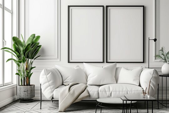 White living room mockup, contemporary interior design room, black frames on white wall, 3d render