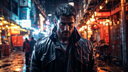 Tough guy in jacket walking down a busy street at night