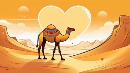A camel in the middle of the desert against the backdrop a big heart. Holidays and tourism in the warm country of Egypt.