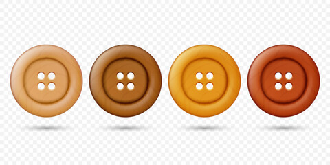Vector 3d Realistic Wooden Button for Clothes Icon Set Closeup Isolated. Fashion, Art, Needlework, Sewing, Scrapbooking Decor. Round Clothes Button Design Template, Front View