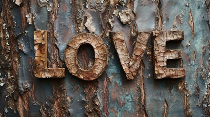 Bark Love concept creative horizontal art poster. Photorealistic textured word Love on artistic background. Horizontal Illustration. Ai Generated Romance and Passion Symbol.