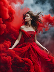 Woman Surrounded by Flowing Red Wispy Smoke that Forms Her Elegant Dress Concept