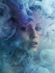 Woman's face partially obscured by colorful flowing smoke
