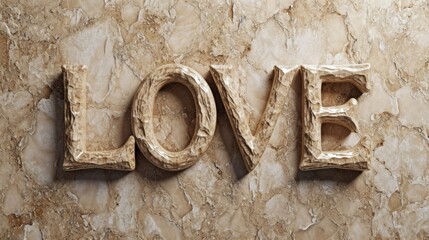 Beige Marble Love concept creative horizontal art poster. Photorealistic textured word Love on artistic background. Horizontal Illustration. Ai Generated Romance and Passion Symbol.