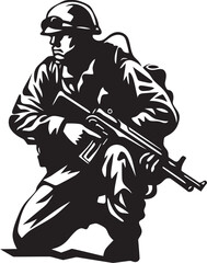 Warrior Precision Vector Black Icon Design for Soldier with Gun Battle Ready Guardian Elegant Soldier Logo with Gun in Vector Black
