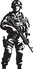 Fototapeta premium Armed Precision Black Iconic Soldier with Gun Emblem in Vector Battle Ready Defender Elegant Vector Soldier Holding Gun Logo