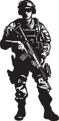 Strategic Guardian Elegant Soldier Holding Gun in Vector Black Combat Precision Vector Black Icon Design for Soldier Emblem