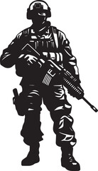Obraz premium Tactical Sentinel Black Iconic Soldier with Gun Logo in Vector Warrior Defender Elegant Vector Design for Soldier Holding Gun