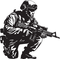 Combat Defender Vector Black Icon Design for Soldier with Gun Logo Tactical Vigilance Elegant Black Iconic Soldier Holding Gun