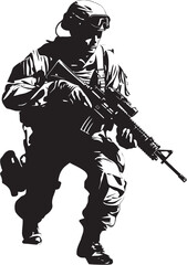 Battlefield Precision Vector Black Icon Design for Soldier with Gun Commando Guardian Elegant Vector Soldier with Gun Logo
