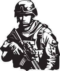 Tactical Vigilance Elegant Black Iconic Soldier Holding Gun Warrior Guardian Vector Black Icon Design for Soldier with Gun Emblem