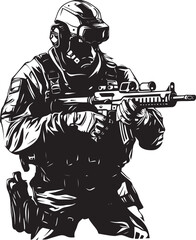 Combat Readiness Black Iconic Soldier Logo with Gun in Vector Tactical Guardian Elegant Soldier Holding Gun in Vector