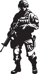 Strategic Sentinel Vector Soldier with Gun Black Icon Design Combat Guardian Elegant Black Iconic Soldier Holding Gun in Vector