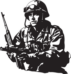 Fototapeta premium Combat Precision Vector Black Iconic Soldier with Gun Logo Tactical Guardian Elegant Soldier with Gun Emblem in Vector Black