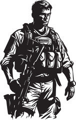 Battle Ready Vigilance Vector Black Icon Design for Soldier with Gun Commando Defender Elegant Soldier Holding Gun Logo in Vector Black