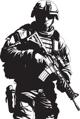 Strategic Defender Elegant Vector Soldier with Gun Emblem Combat Guardian Vector Black Iconic Soldier with Gun Emblem in Elegant Design