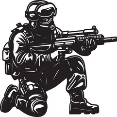 Battlefield Vigilance Vector Black Icon Design for Gun Wielding Soldier Tactical Protector Black Iconic Soldier with Gun Emblem in Vector