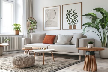 Modern Scandinavian home interior design characterized by an elegant living room featuring a comfortable sofa, mid century furniture, cozy carpet, wooden floor, white walls, and home plants