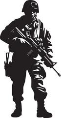 Tactical Defender Elegant Soldier Holding Gun in Vector Black Icon Strategic Vigilance Vector Black Soldier with Gun Emblem Design