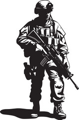 Strategic Vigilance Vector Black Soldier with Gun Emblem Design Armed Sentinel Black Iconic Soldier Holding Gun Logo in Vector