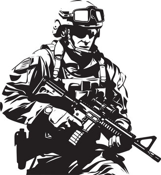 recommend clip art: Commando Guardian Vector Black Icon Design for Soldier with Gun Strategic Defender Elegant Vector Soldier Holding Gun Emblem