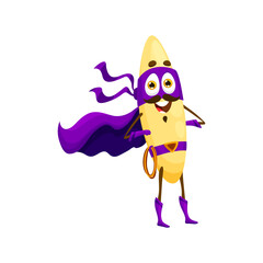 Cartoon orzo italian pasta superhero character. Isolated vector brave and noodly personage saves the day with his superpowers and cheesy charm. Happy smiling macaroni wear purple mask and lasso
