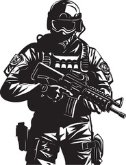 Warrior Stance Vector Black Icon Design for Soldier with Gun Combat Ready Black Iconic Soldier Holding Gun in Vector