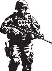 Battle Ready Precision Vector Black Icon Design for Soldier with Gun Commando Guardian Elegant Vector Soldier Holding Gun Emblem
