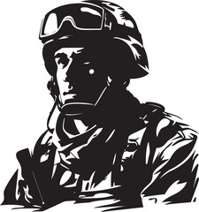Strategic Vigilance Black Iconic Soldier with Gun Logo in Vector Combat Defender Elegant Vector Design for Soldier with Gun