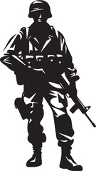Obraz premium Tactical Precision Vector Black Icon Design for Soldier Holding Gun Warrior Guardian Elegant Black Iconic Soldier with Gun Emblem